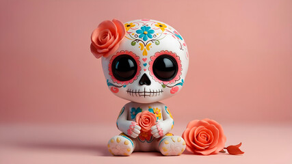Fototapeta premium A tender sugar skull child in kawaii 3D style holding a marigold flower. A soft and emotive take on Día de Muertos with minimalist charm and color harmony.
