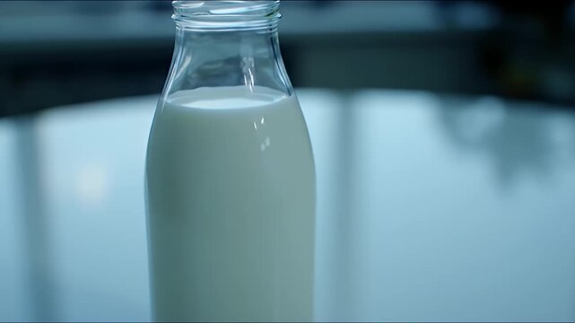 Clear Glass Milk Bottle Filled with Fresh White Milk on White Surface in Studio Setting