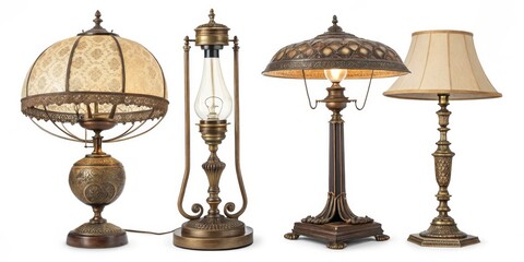 Four Antique Lamps Bronze and Glass Lighting Fixtures, Vintage , Decor