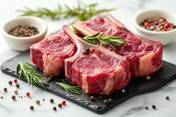 Graphic layouts showcasing raw lamb chops with herbs and spices on a rustic slate surface