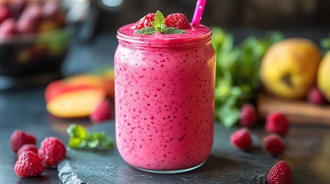 Vibrant pink smoothie in a glass jar, surrounded by fresh raspberries and peaches