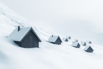 Mountain cabins nestled in soft snow during a tranquil winter day