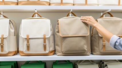 Display of stylish backpacks on a shelf, with a hand reaching for one, emphasizing fashion and selection in accessories.