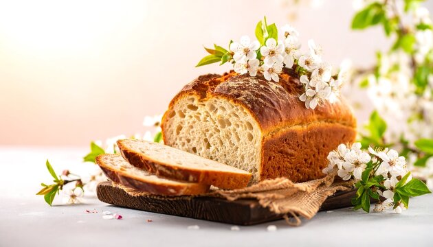 Freshly baked loaf of bread with spring blossoms (1)