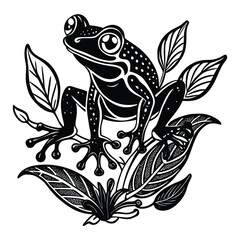 Black And White Illustration of a Frog Perched on Botanical Leaves