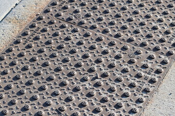 Metal grate for grip on sidewalk.