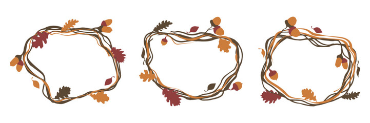 Autumn frames hand drawn with ink, with oak and birch leaves in organic and unusual shapes. Vector bright fall wreath with gifts of nature and branches with empty space for text. For stickers, sales.