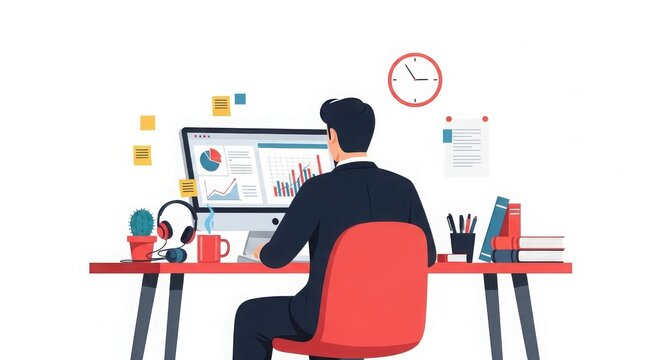 Professional businessman analyzing financial data on computer screen in modern office with clock deadline approaching and tidy workspace - Powered by Adobe