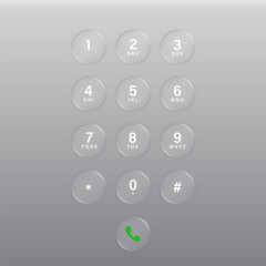 Modern smartphone dial keypad buttons in the style of liquid glass and glossy surface. phone numbers panel. User interface element for ui ux design. Transparent frame and button. Vector illustration. © S and V Design
