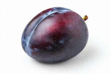 Single dark purple damson plum isolated on white background, ripe fresh juicy organic fruit