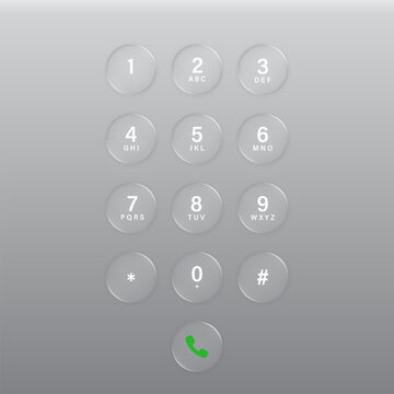 Modern smartphone dial keypad buttons in the style of liquid glass and glossy surface. phone numbers panel. User interface element for ui ux design. Transparent frame and button. Vector illustration.