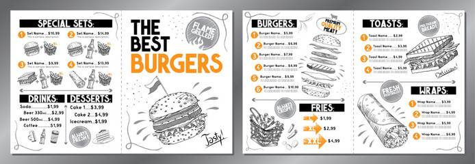 The best burgers - menu card template - letter format x2 (8,5 x 11 inches x2) - vector illustration