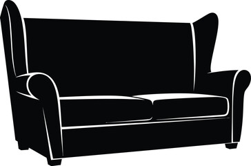 A stylish black sofa silhouette with a classic wingback design offers a modern take on comfortable seating, perfect for interior design projects and furniture illustrations.