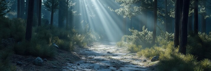 Path through a dense pine forest illuminated by sun rays during a tranquil morning