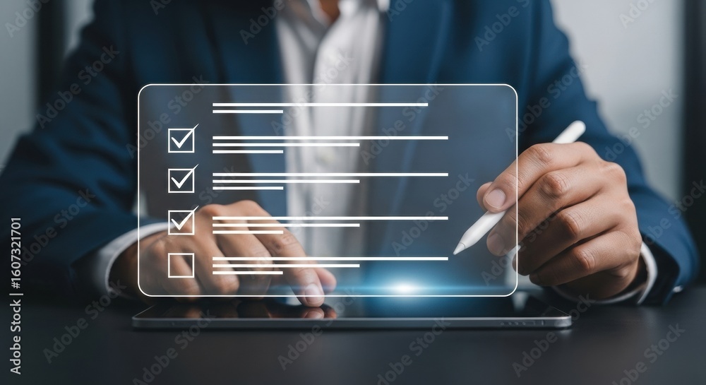 Poster virtual checklist interface with stylus and tablet. modern professional form-filling and digital wor