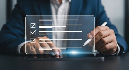Virtual checklist interface with stylus and tablet. Modern professional form-filling and digital workflow. Business executive using futuristic tech.