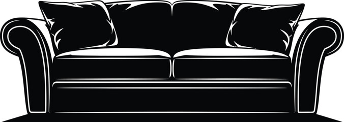 A stylish black sofa with pillows is showcased in a vector illustration, perfect for interior design projects and furniture catalogs, offering a modern and elegant touch.
