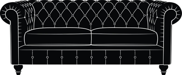 A stylish black chesterfield sofa illustration showcases classic furniture design, perfect for interior decor projects and vector graphic needs, with a focus on elegance and comfort.