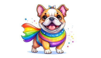 Cute cartoon French bulldog wearing a rainbow ribbon