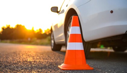 Driving lesson on asphalt road.  Sunset background