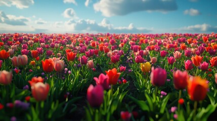 Vibrant tulip field, sunrise