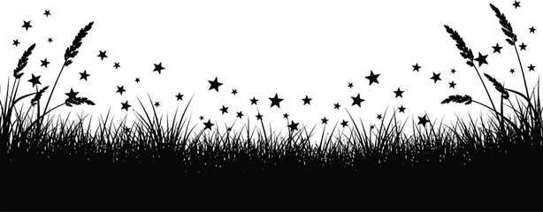 Black silhouette of grass and stars creates a whimsical, dreamy effect, perfect for adding a touch of magic and nature to designs, invitations, or creative projects.