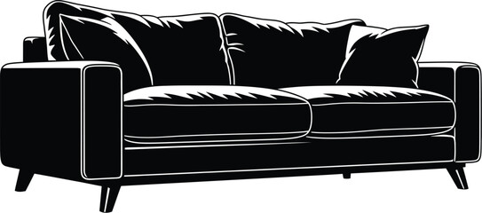 A stylish black and white couch illustration showcases modern furniture design, perfect for interior decor projects and vector art collections, offering a clean and minimalist aesthetic.