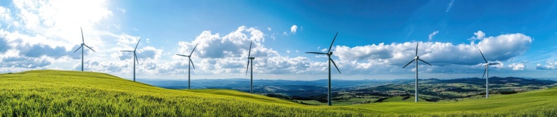 Wind turbines stand tall on a grassy hilltop under a vibrant blue sky dotted with fluffy clouds