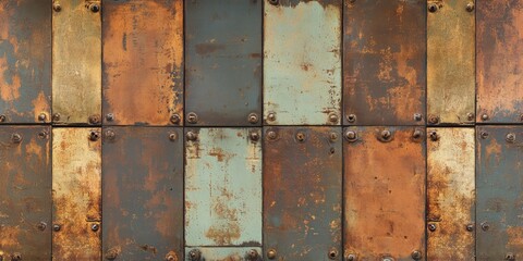 Textured metal panels in varying shades of rusty brown, copper, and muted green.  Rectangular shapes are arranged in a grid pattern with visible rivets