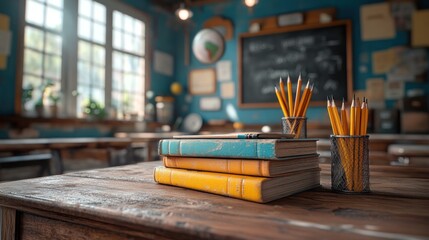 Vintage classroom scene with books and pencils