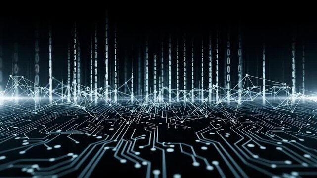Circuit board with binary code and network connections in a dark technological environment