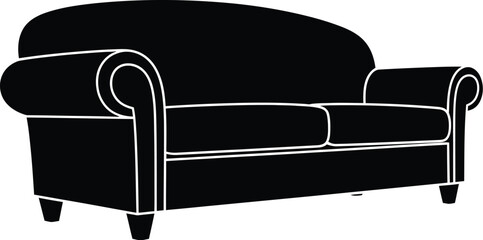 A stylish black sofa silhouette with a classic design, perfect for interior design projects, furniture catalogs, and modern home decor visuals, offering a touch of elegance.