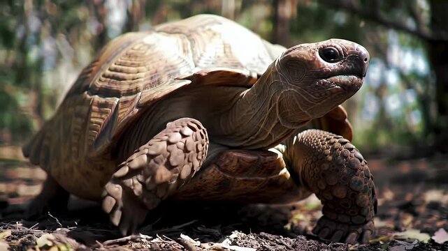 Close Up Brown Tortoise Walking On Forest Floor In Dappled Sunlight And Textured Shells