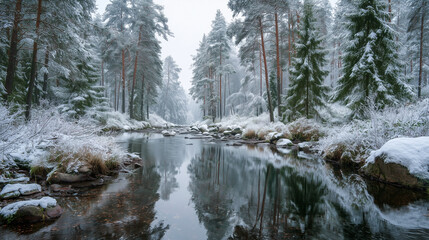 Obraz premium Winter Forest River with Snow-Covered Pines and Reflections