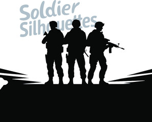 Naklejka premium Three Soldier Silhouettes: Dramatic Black and White Military Illustration, Powerful and Serious Mood.