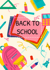 Colorful back to school supplies with books, backpack. Sale poster with playful design, school supplies, and cute elements for kindergarten kids. Perfect for early education promo and learning events