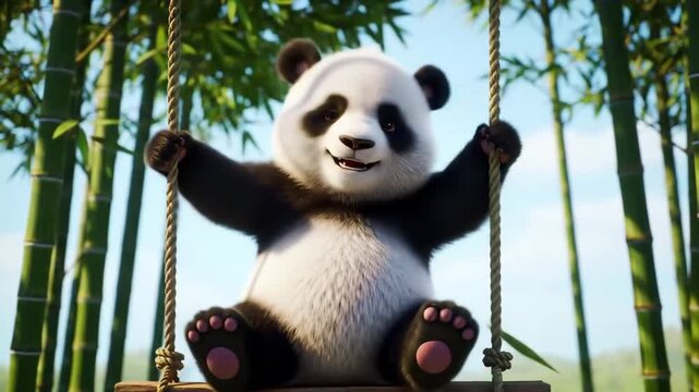 Cute baby panda happily swinging on a swing in the forest.
Video generated by AI.	