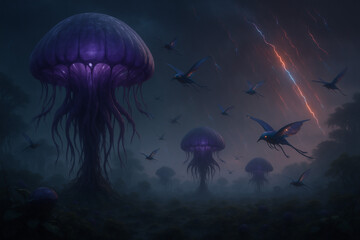 photoreal alien forest on Venus with floating jellyfish-shaped trees glowing in deep purples, strange creatures flying around them