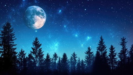 Fototapeta premium Silhouetted forest at night under a full moon