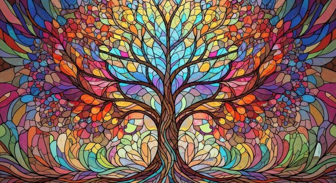 Vibrant Abstract Tree of Life Stained Glass Art with Intricate Colorful Patterns Symbolizing Growth and Connection