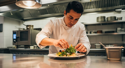 A chef meticulously garnishing a salad with edible flowers in a professional kitchen environment setup on transparent background