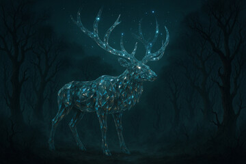 Cinematic surreal landscape featuring giant elk made of refracted crystal and glowing constellations