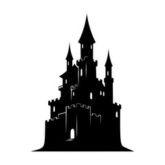 Obraz premium A dark castle silhouette stands tall, isolated on white background
