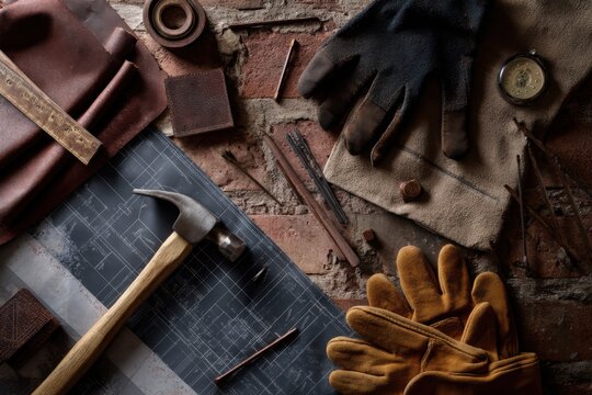 Craftsman’s leather gloves, hammer, ruler, and blueprints on rustic brick surface capture the essence of skilled labor, renovation, and vintage handcraft.