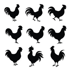 Collection of black rooster silhouettes in various poses