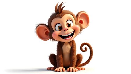 Happy Brown Monkey Cartoon Character Sitting on White Background