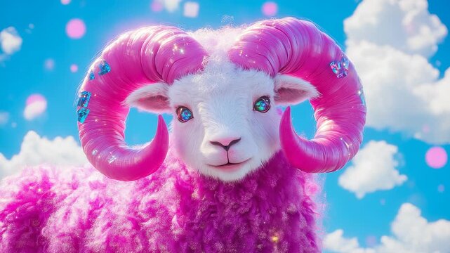 Enchanting Ram with Sparkling Pink Horns Against a Whimsical Sky Backdrop