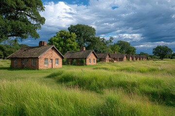 Obraz premium Rustic stone cottages nestled amidst lush green fields under a dramatic cloudy sky