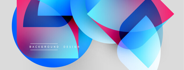 Abstract shapes overlap, creating vibrant blue, pink gradients. Light gray background provides clean contrast. Modern design element.