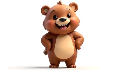 Fototapeta premium Smiling Brown Bear Character with Paws on Hips on White